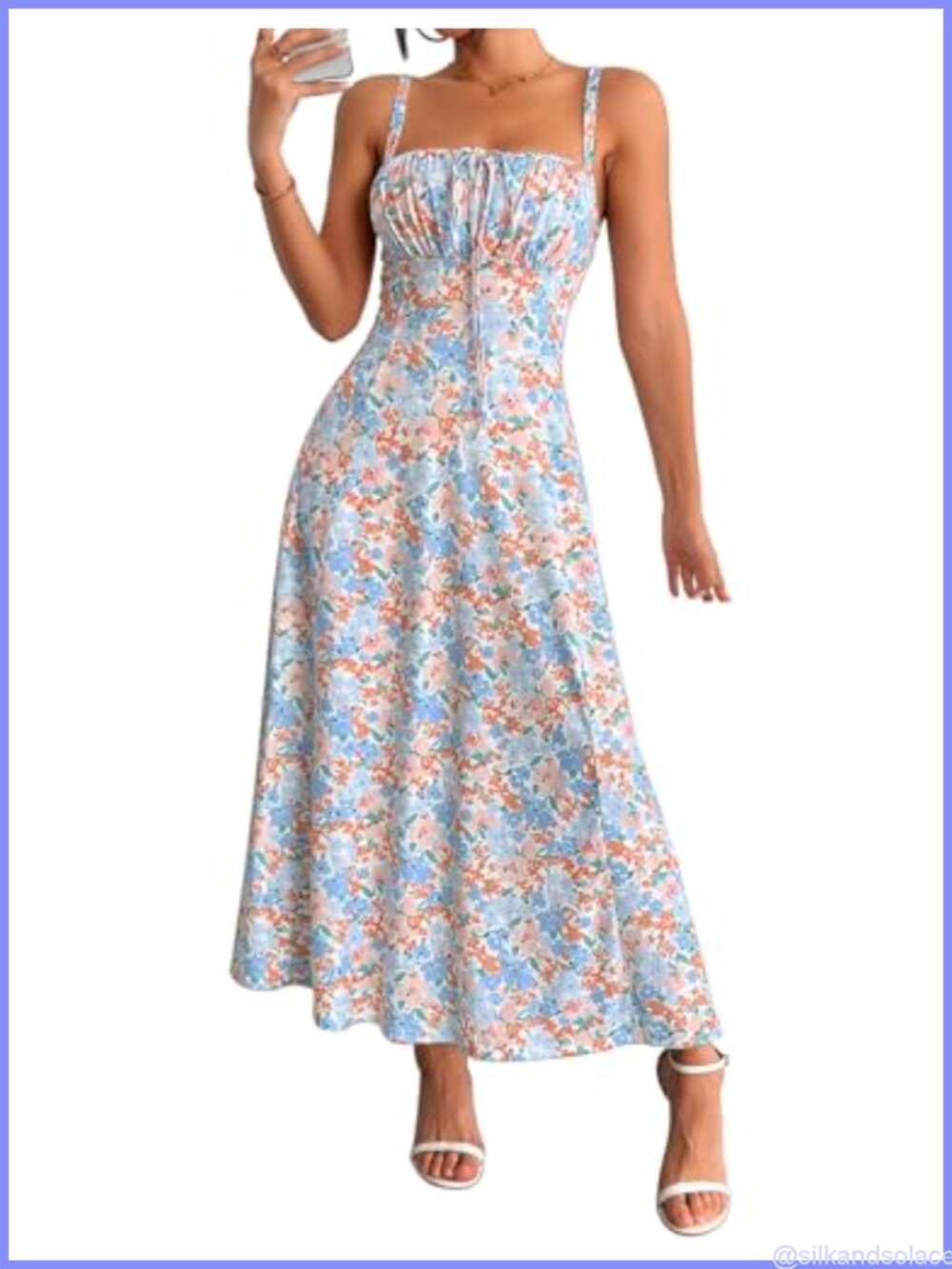 Women's Floral Midi Corset Boho Dress with Square Neck Spaghetti Straps Lace Up